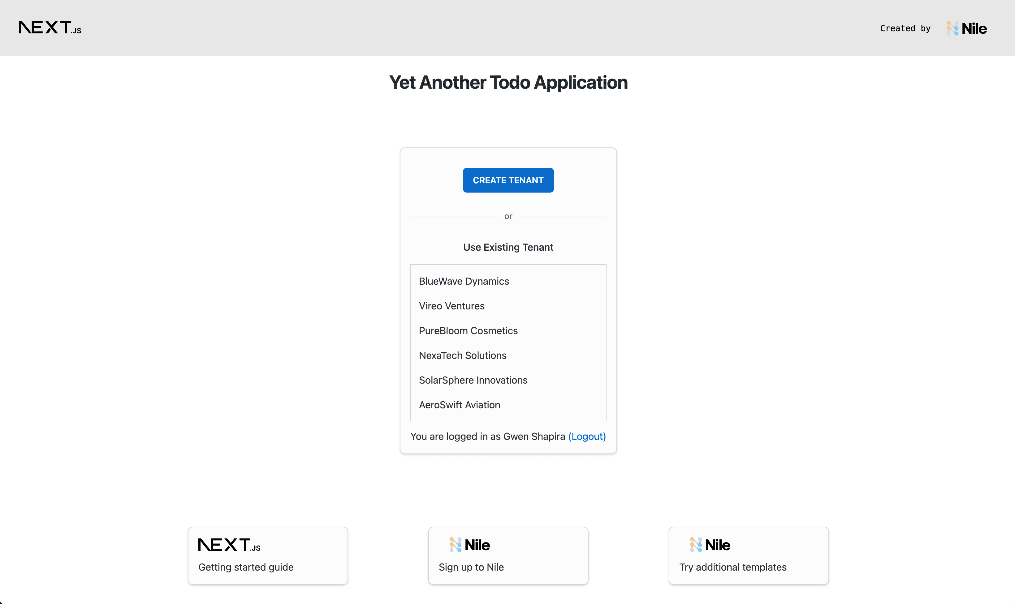 screen shot for NextJS multi-tenant application with Nile template